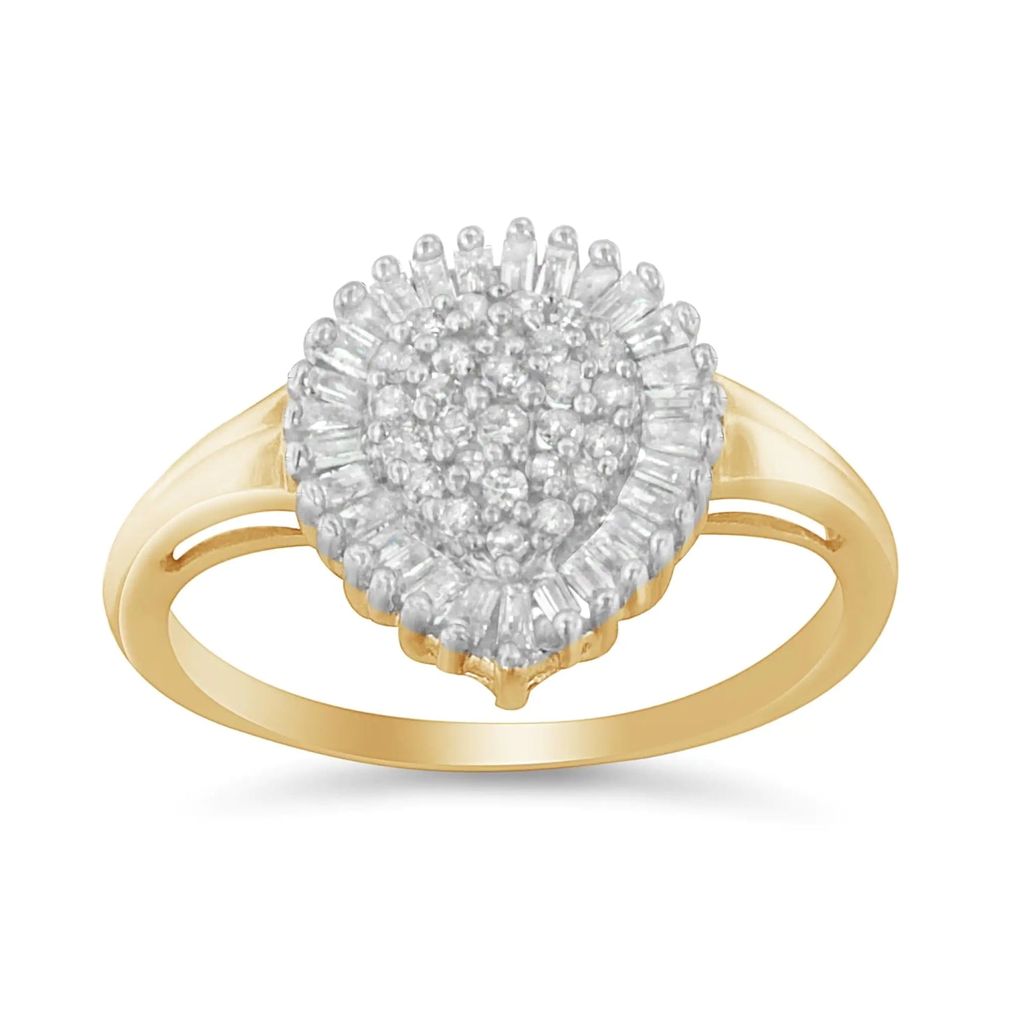 10K Yellow Gold 1/2 Cttw Round & Baguette Cut Diamond Pear Shaped Domed Pavé Cluster with Halo Cocktail Ring (J-K Color, I1-I2 Clarity)