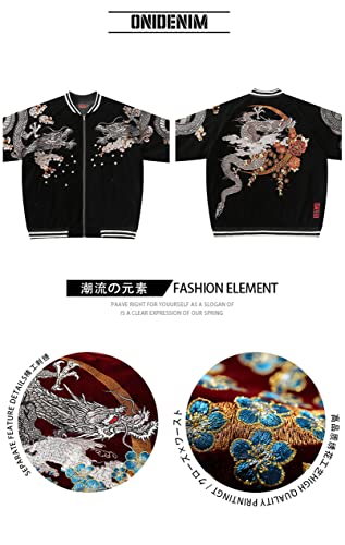 Japanese Embroidered Cotton-Padded Jacket for Men & Women.Dragon-Themed Winter Corduroy Baseball Coats Black XS