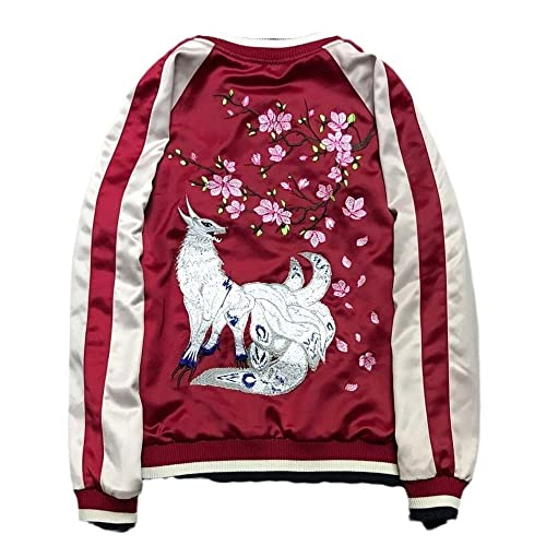 Unisex Japanese Fox & Floral Embroidered Sukajan Flight Jacket.Slim Fit Coat.Chic Women's Outwear 1 S