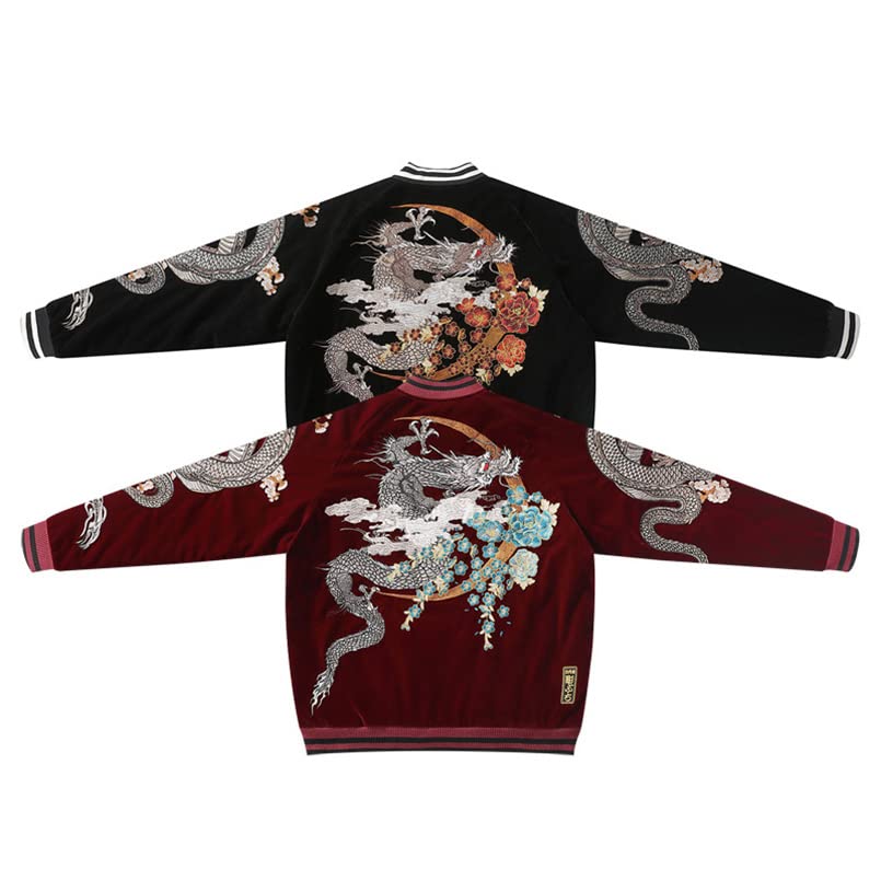 Japanese Embroidered Cotton-Padded Jacket for Men & Women.Dragon-Themed Winter Corduroy Baseball Coats Black XS