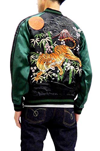 Satori Script Men's Slim Fit Japanese Souvenir Jacket Tiger Sukajan Black Japan XXL (US XL/UK 42)