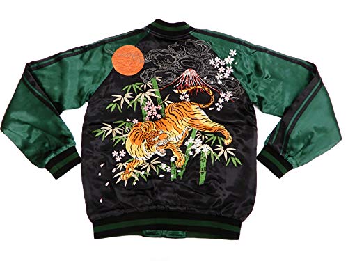 Satori Script Men's Slim Fit Japanese Souvenir Jacket Tiger Sukajan Black Japan XXL (US XL/UK 42)