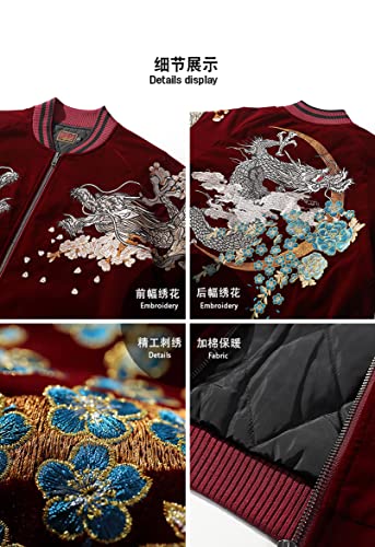 Japanese Embroidered Cotton-Padded Jacket for Men & Women.Dragon-Themed Winter Corduroy Baseball Coats Black XS