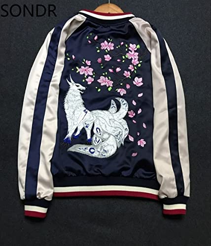 Unisex Japanese Fox & Floral Embroidered Sukajan Flight Jacket.Slim Fit Coat.Chic Women's Outwear 1 S