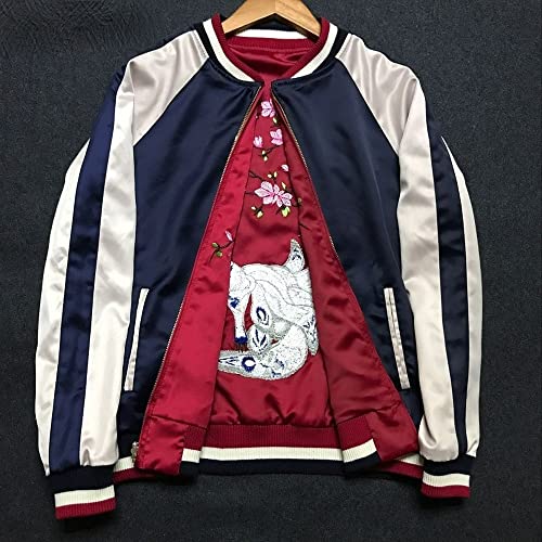 Unisex Japanese Fox & Floral Embroidered Sukajan Flight Jacket.Slim Fit Coat.Chic Women's Outwear 1 S