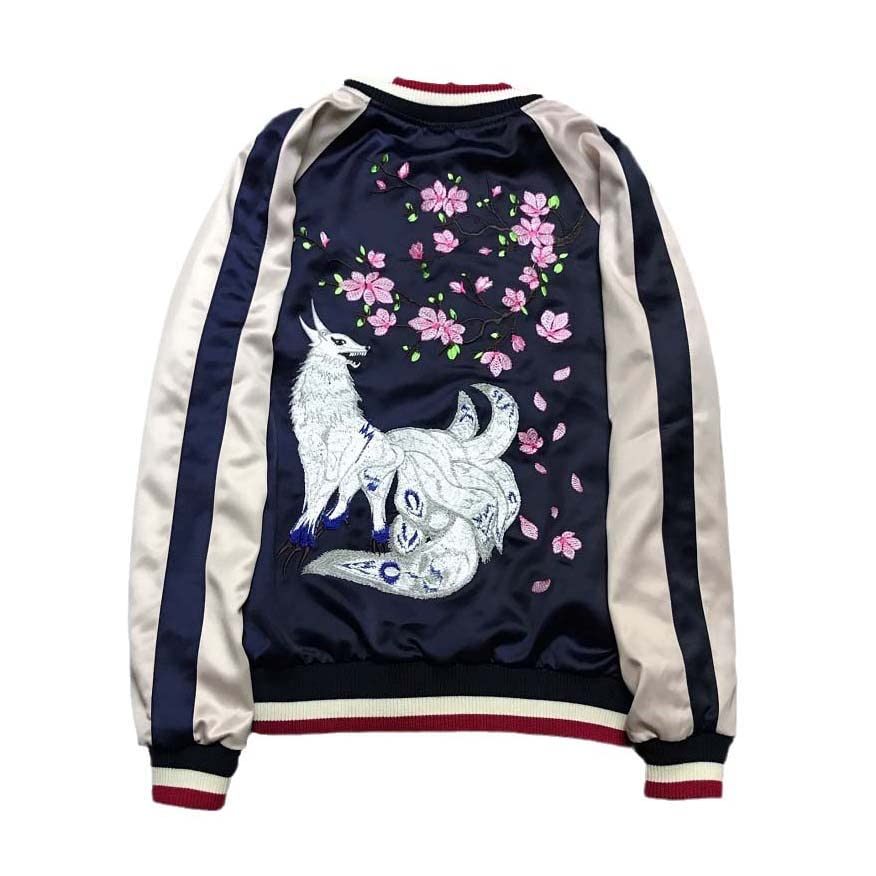 Unisex Japanese Fox & Floral Embroidered Sukajan Flight Jacket.Slim Fit Coat.Chic Women's Outwear 1 S