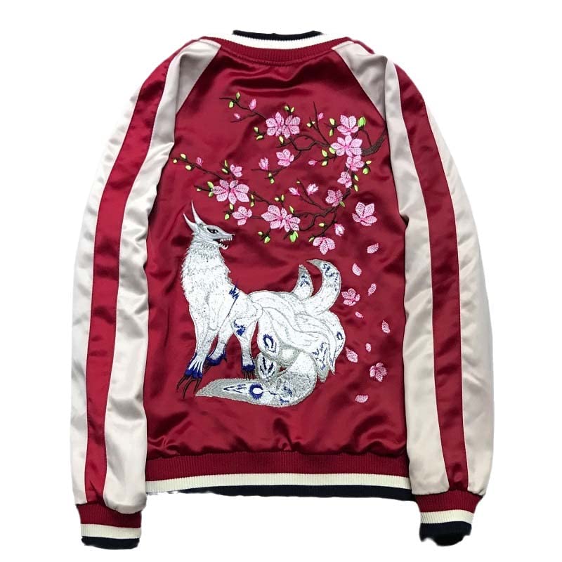 Unisex Japanese Fox & Floral Embroidered Sukajan Flight Jacket.Slim Fit Coat.Chic Women's Outwear 1 S